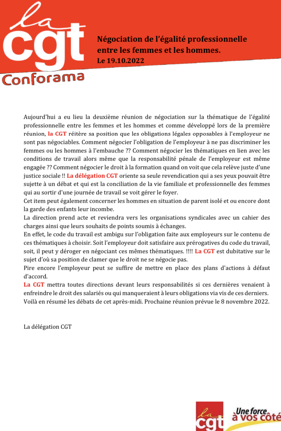 Négociation de l’égalité professionnelle entre les femmes et les hommes. Le 19.10.2022