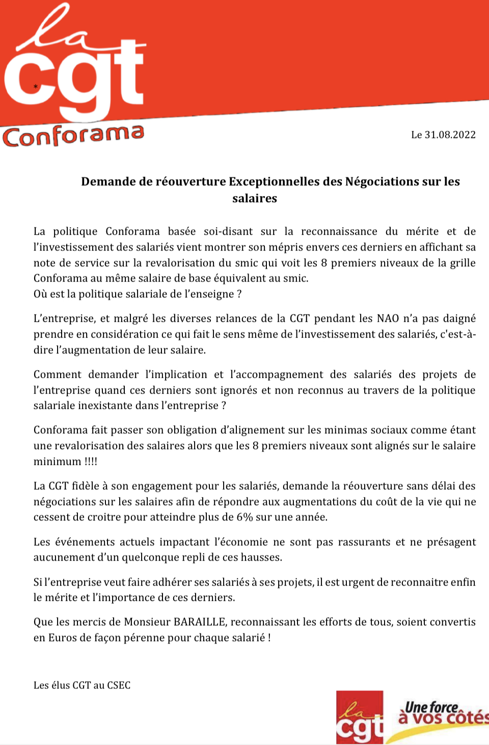 Demande de réouverture Exceptionnelles des Négociations sur les salaires