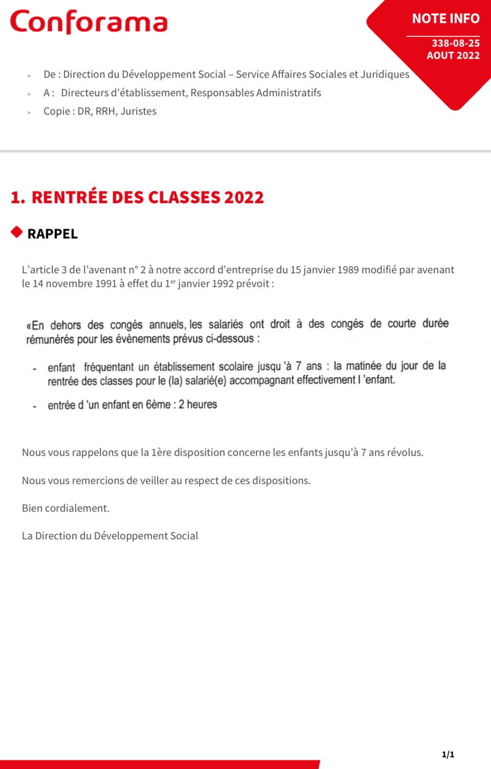 Note pour la rentrée des classes 2022