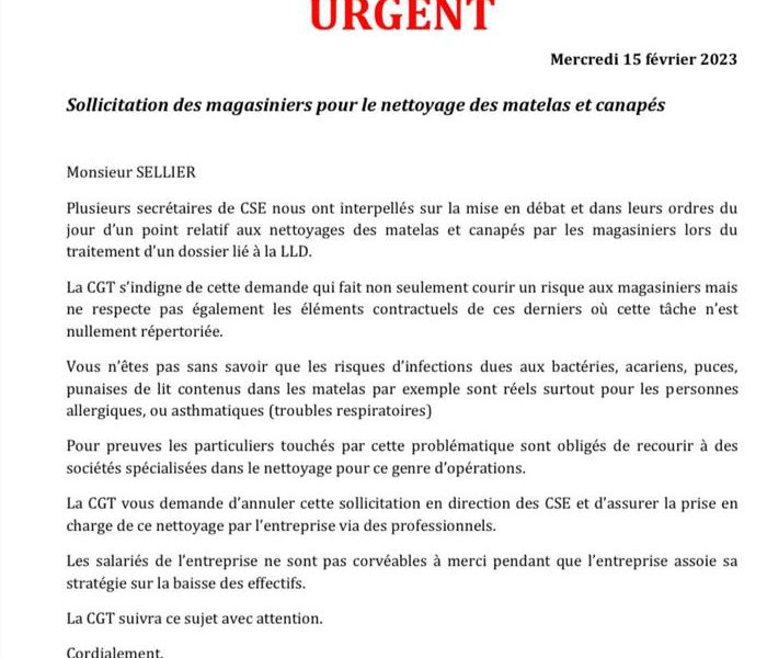 Tract contre le nettoyage par les magasiniers des Matelas/canapés repris